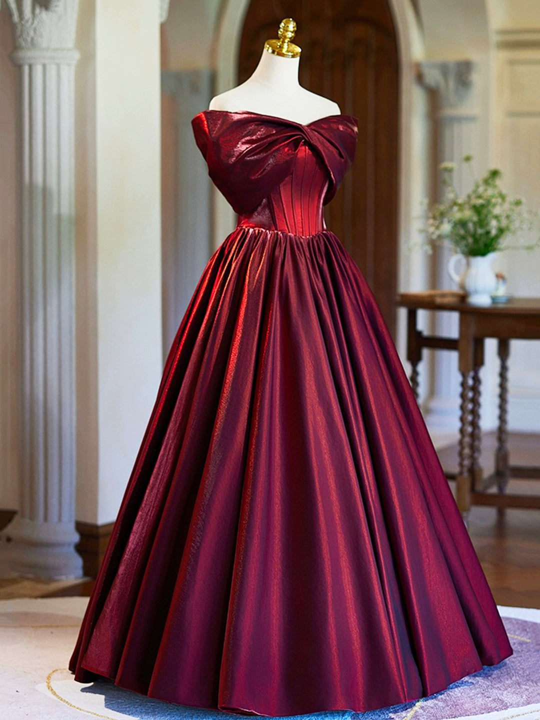 Burgundy Satin Floor Length Prom Dress, Elegant Off the Shoulder Eveni