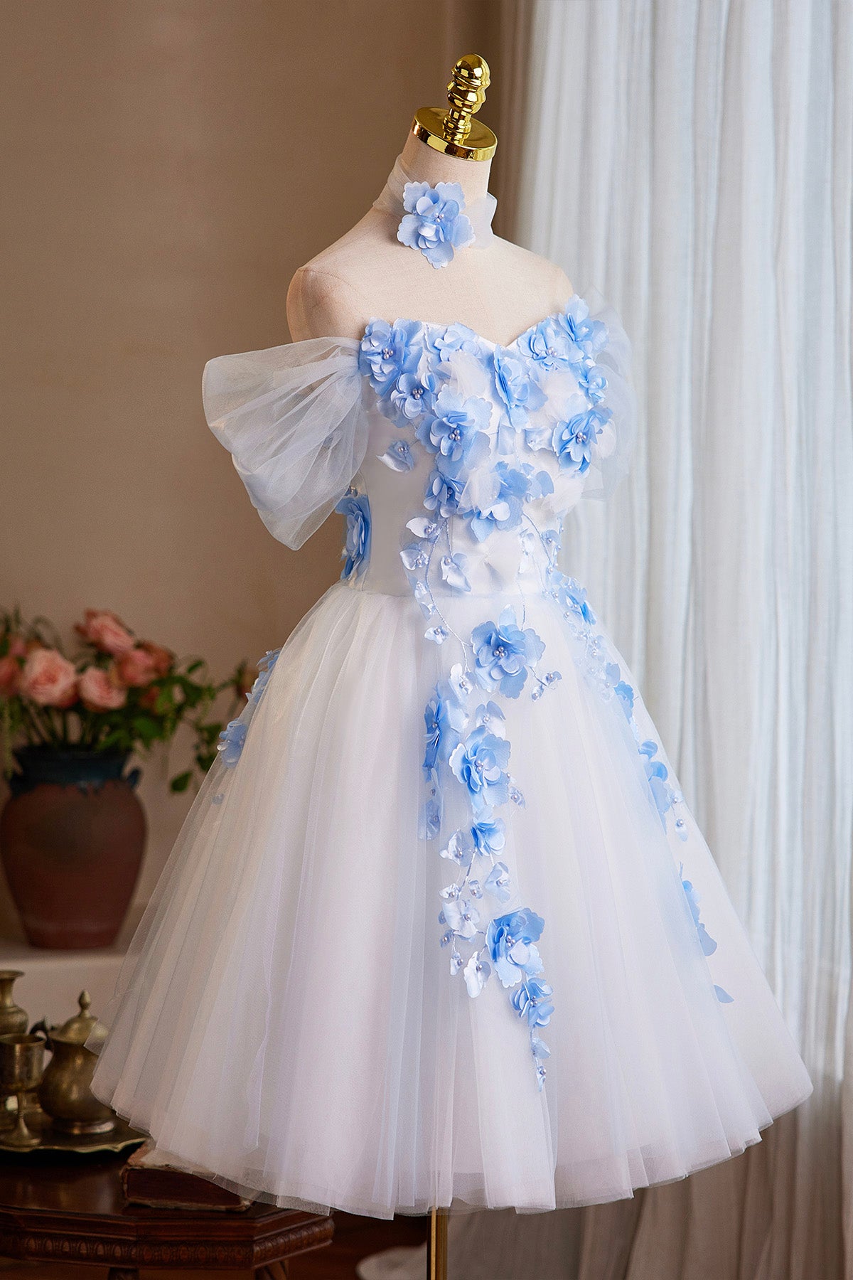 White Tulle and Blue Flowers Short Party Dress, Off The Shoulder A-Line Homecoming Dress US 8 / White White Tulle and Blue Flowers Short Party Dress, Off The Shoulder A-Line Homecoming Dress US 8 / White