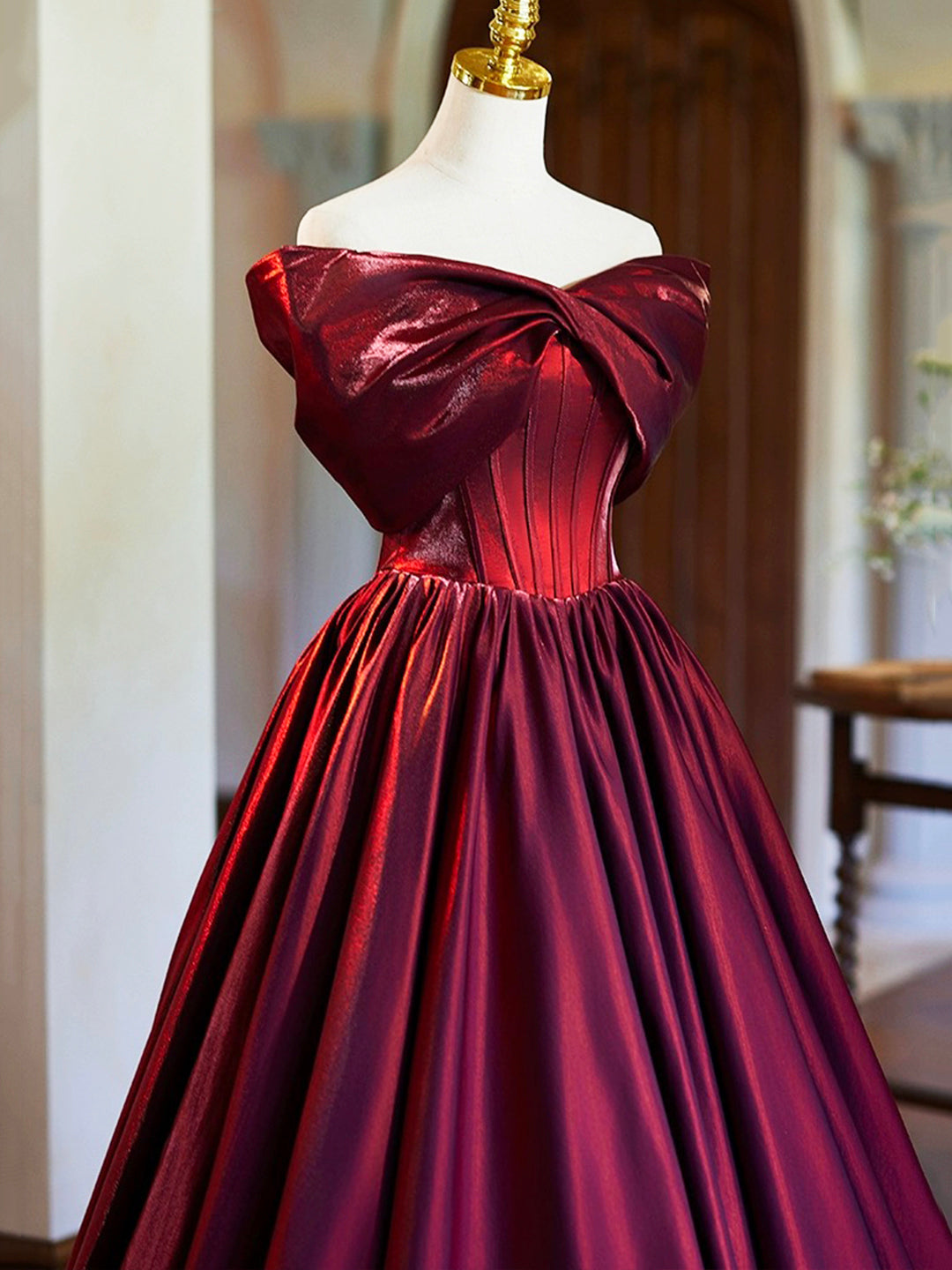 Burgundy Satin Floor Length Prom Dress, Elegant Off the Shoulder Eveni