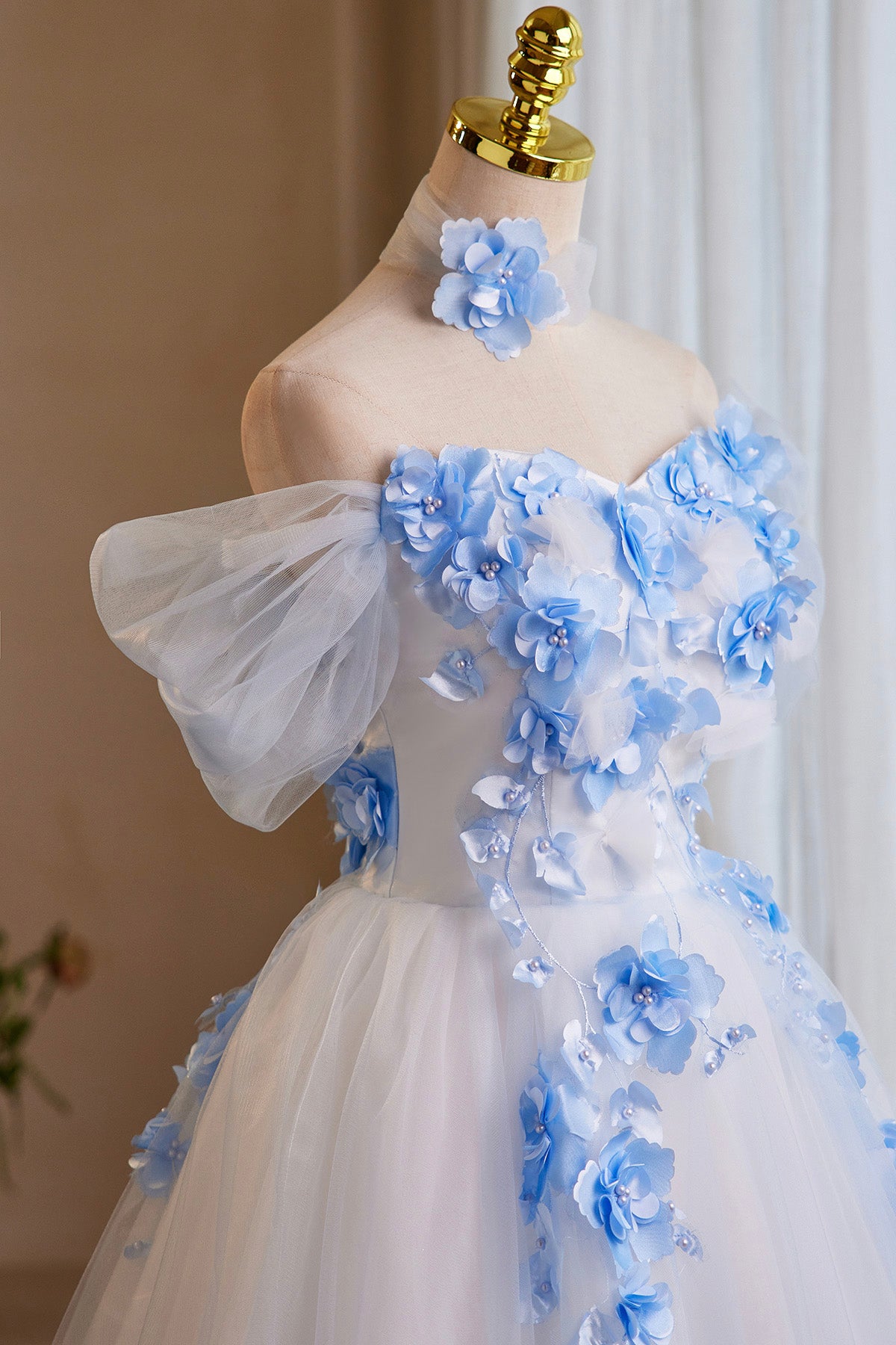 White Tulle and Blue Flowers Short Party Dress, Off the Shoulder A-Line Homecoming Dress US 8 / White White Tulle and Blue Flowers Short Party Dress, Off the Shoulder A-Line Homecoming Dress US 8 / White