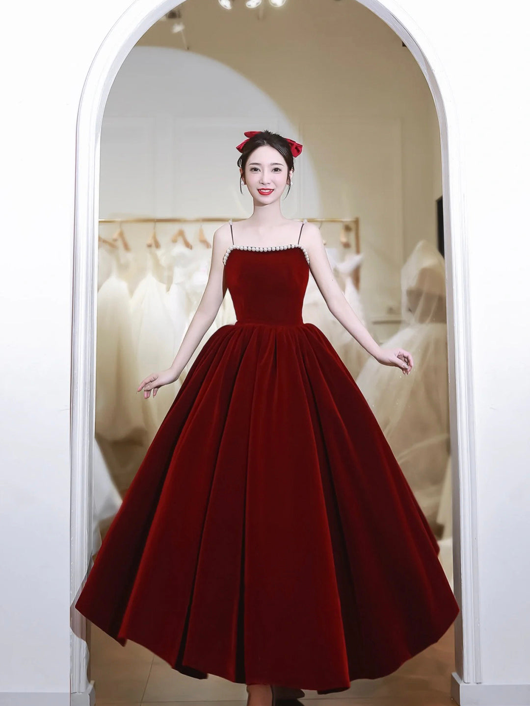 Burgundy Spaghetti Strap Velvet Tea Length Prom Dress with with Pearls US 10 / Burgundy Burgundy Spaghetti Strap Velvet Tea Length Prom Dress with with Pearls US 10 / Burgundy
