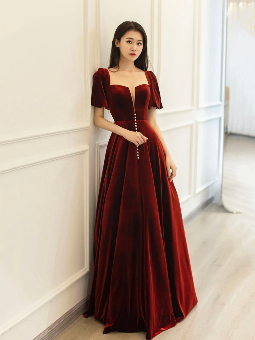 Burgundy Velvet Long Prom Dress, Elegant A-Line Short Sleeve Evening Party Dress US 16 / Custom Color Burgundy Velvet Long Prom Dress, Elegant A-Line Short Sleeve Evening Party Dress US 16 / Custom Color