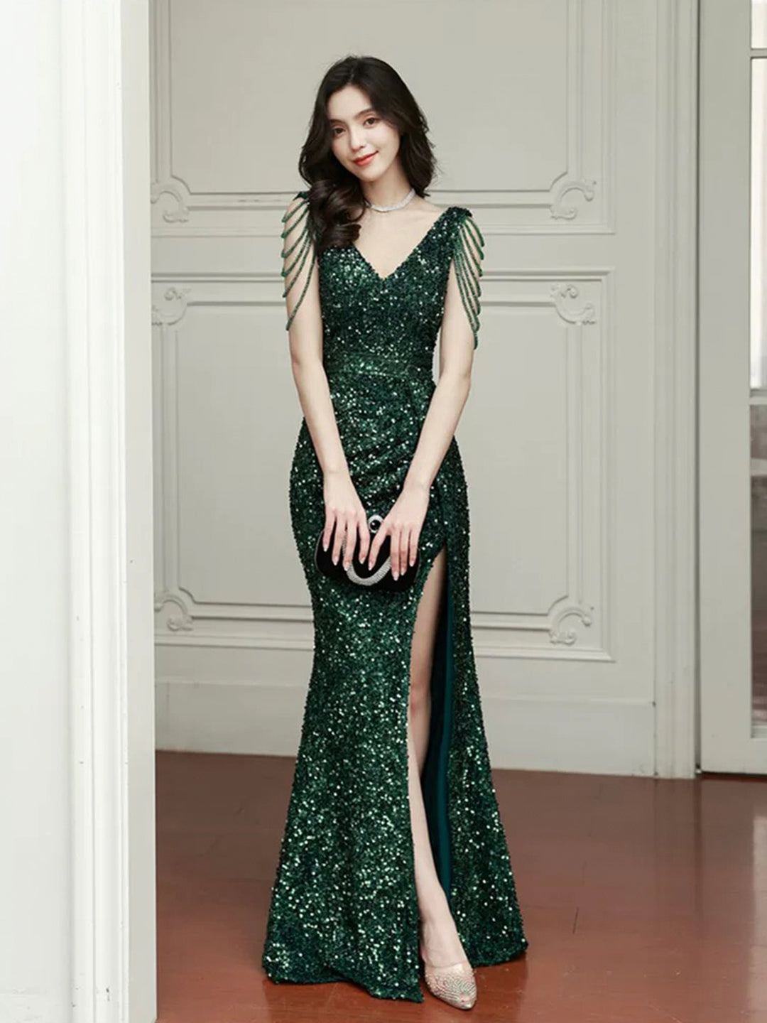 green sequin v neck dress Flower Sequin V-Neck Dress With Lace-Up Back