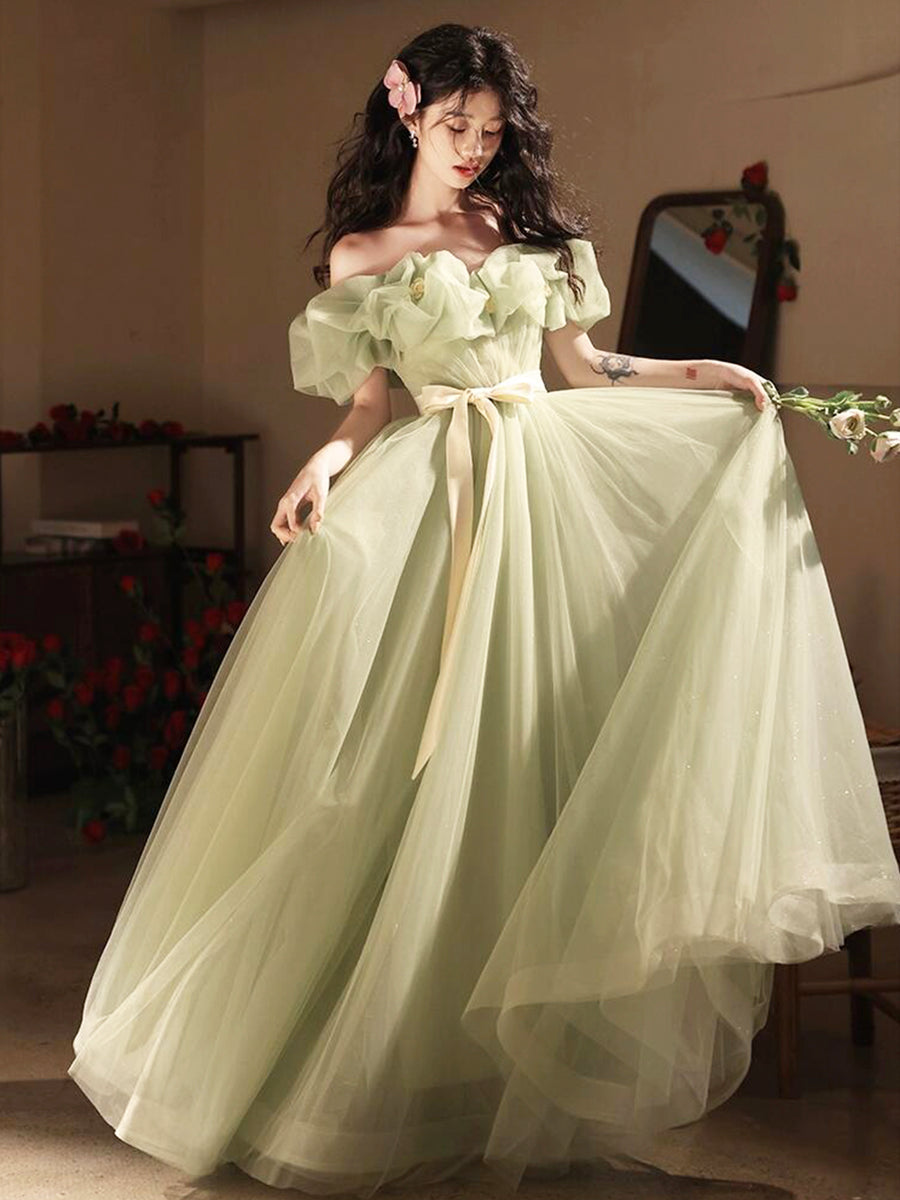 Green Tulle Floor Length Prom Dress, Beautiful Off the Shoulder Evenin ...