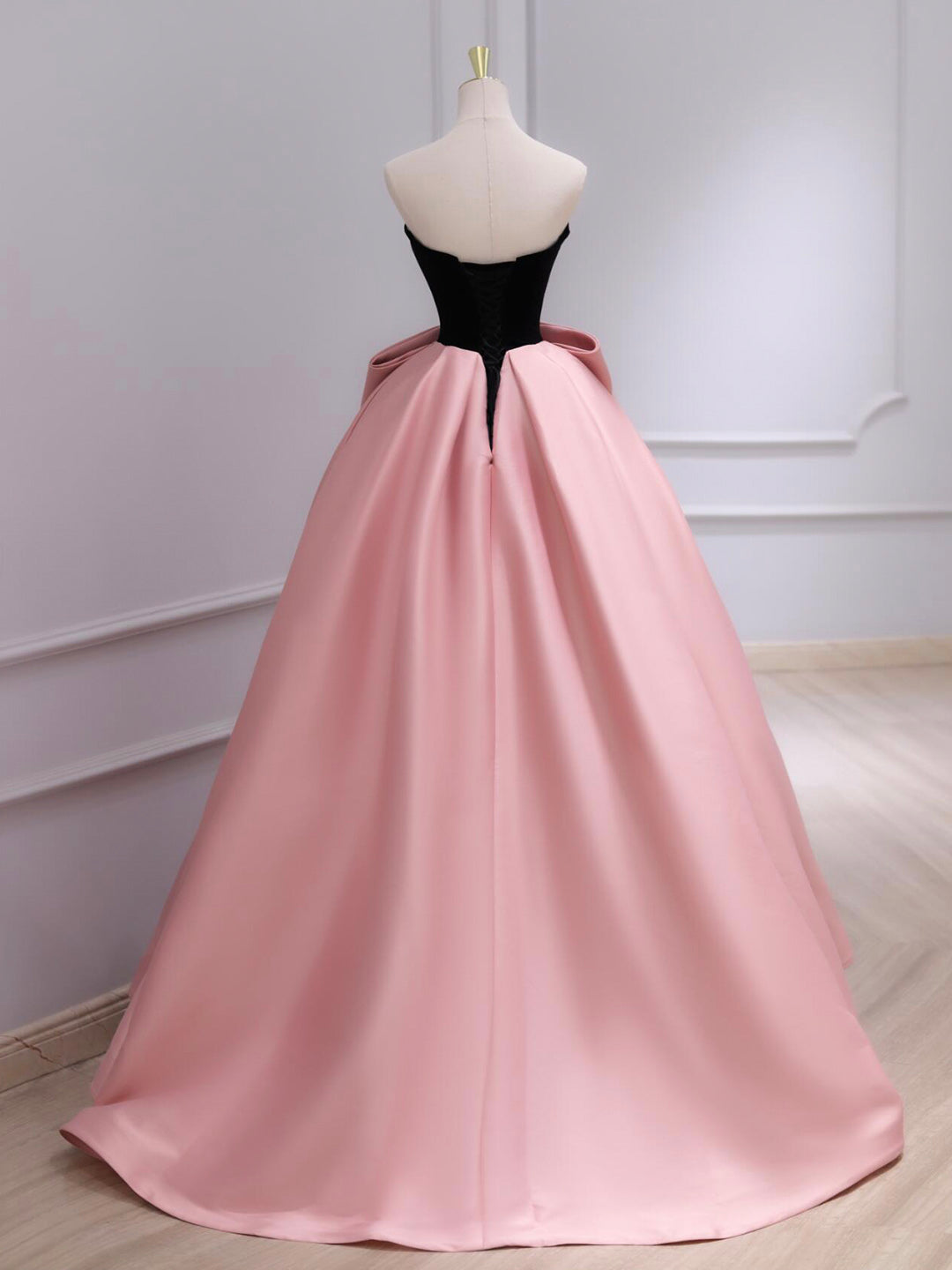 Black Velvet and Pink Satin Long Prom Dress, Beautiful A-Line Straples