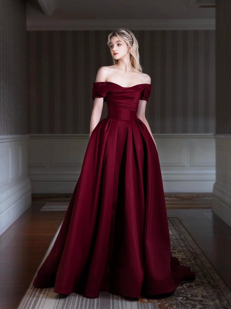 Elegant Satin Floor Length Prom Dress, Burgundy Off the Shoulder Eveni