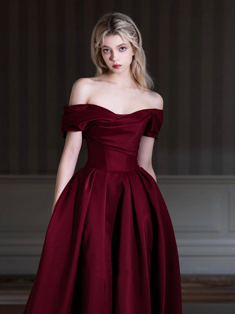 Elegant Satin Floor Length Prom Dress, Burgundy Off the Shoulder Eveni