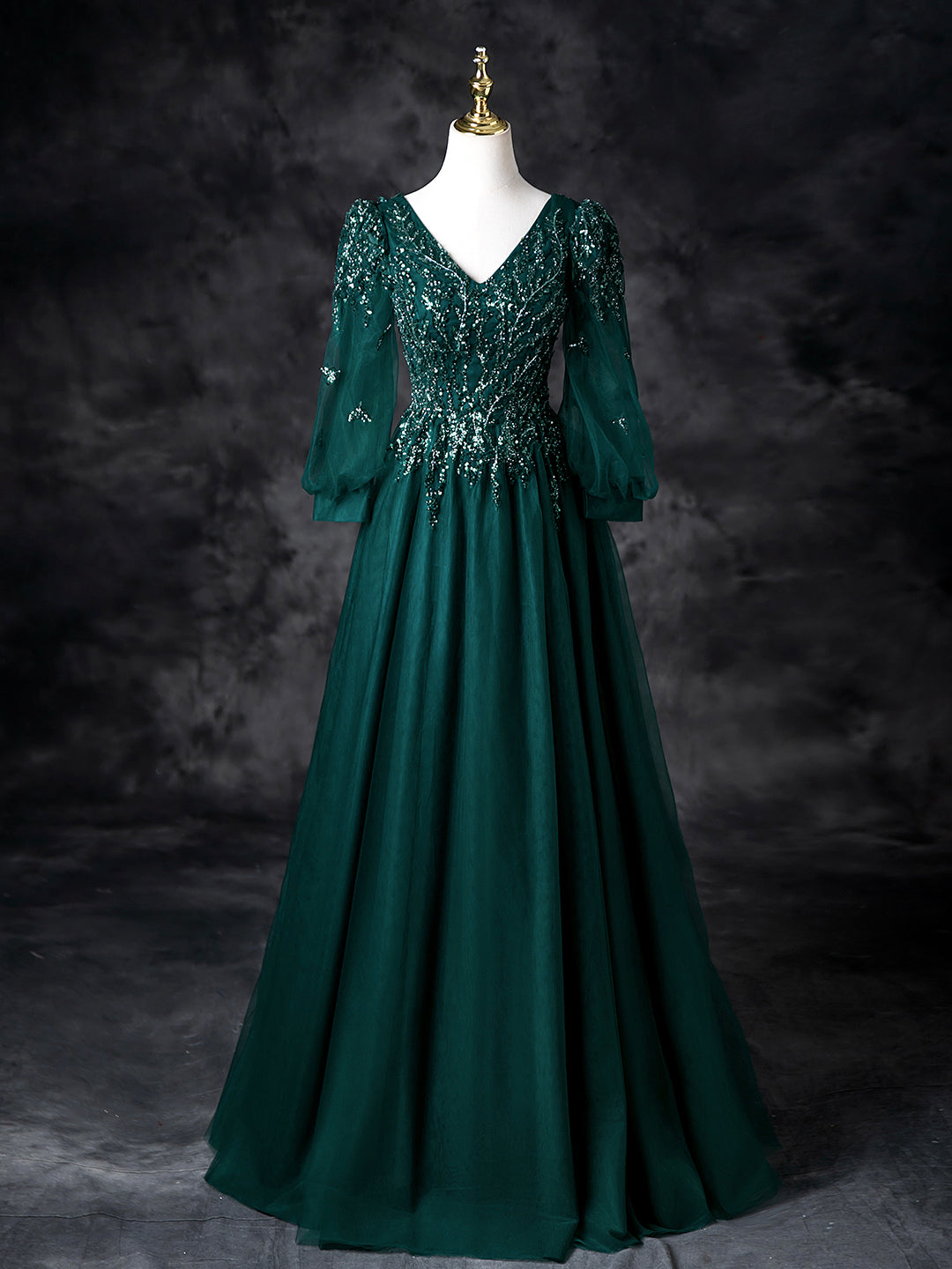 Green V-Neck Tulle Beads Prom Dress, Elegant Long Sleeve Evening Party Dress US 14 / Green Green V-Neck Tulle Beads Prom Dress, Elegant Long Sleeve Evening Party Dress US 14 / Green