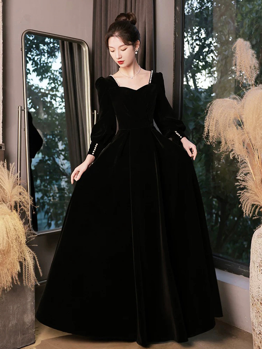 Black Velvet Long Sleeve Formal Dress, A-Line Floor Length Evening Dress US 4 / Custom Color Black Velvet Long Sleeve Formal Dress, A-Line Floor Length Evening Dress US 4 / Custom Color