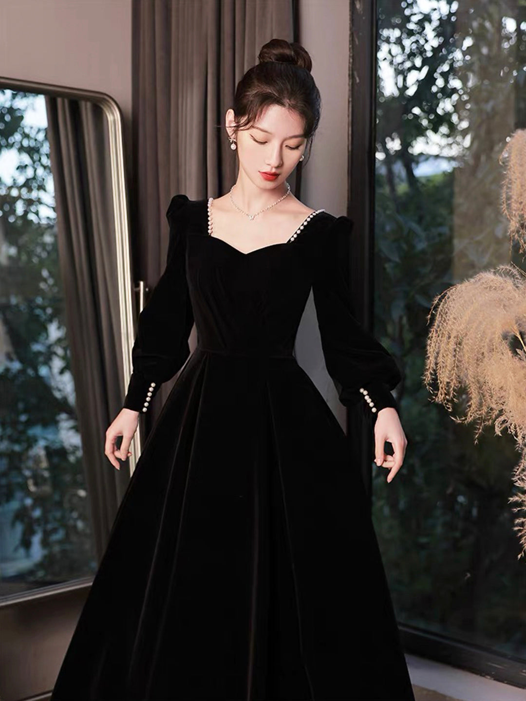 Black Velvet Long Sleeve Formal Dress, A-Line Floor Length Evening Dress US 4 / Custom Color Black Velvet Long Sleeve Formal Dress, A-Line Floor Length Evening Dress US 4 / Custom Color