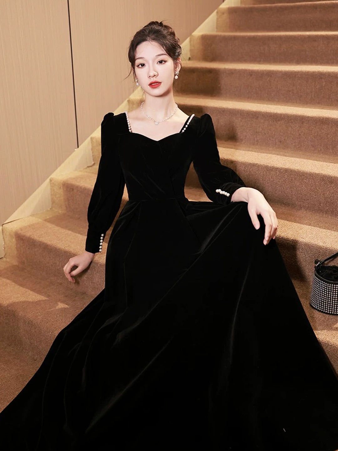 Black Velvet Long Sleeve Formal Dress, A-Line Floor Length Evening Dress US 6 / Black Black Velvet Long Sleeve Formal Dress, A-Line Floor Length Evening Dress US 6 / Black