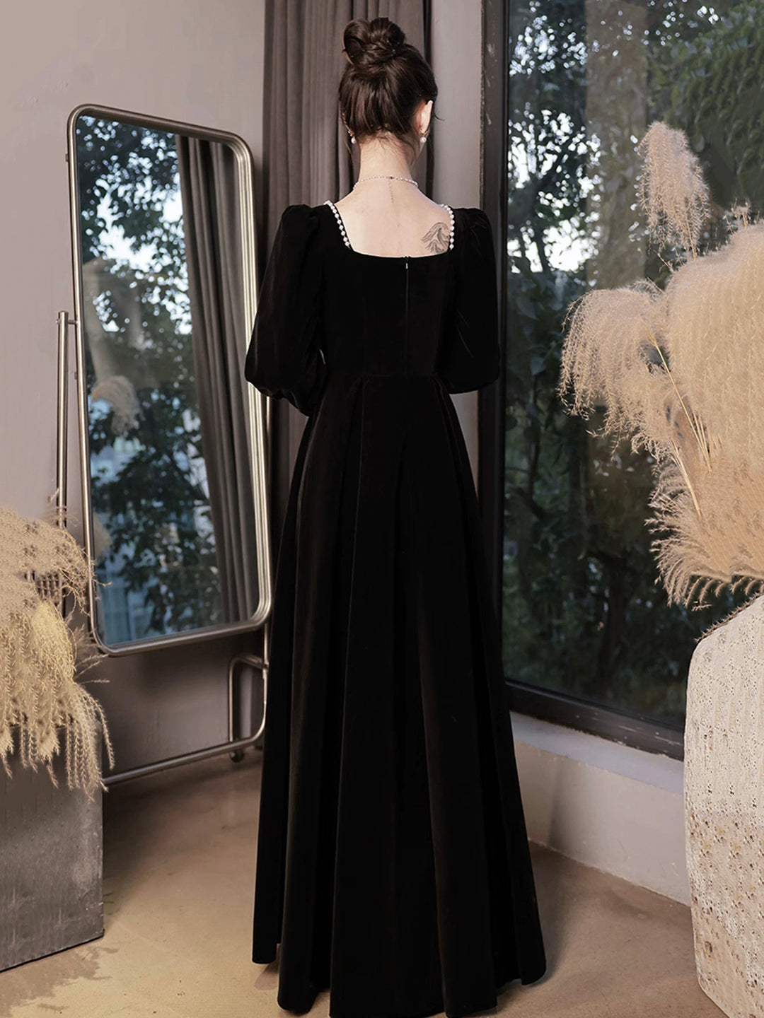 Black Velvet Long Sleeve Formal Dress, A-Line Floor Length Evening Dress US 4 / Custom Color Black Velvet Long Sleeve Formal Dress, A-Line Floor Length Evening Dress US 4 / Custom Color