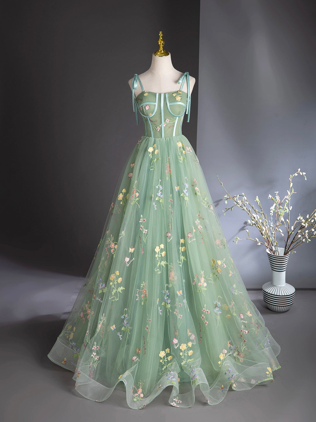 Green Floral Tulle Long Prom Dress, Beautiful A-Line Evening Formal Dress US 16 / Green Green Floral Tulle Long Prom Dress, Beautiful A-Line Evening Formal Dress US 16 / Green
