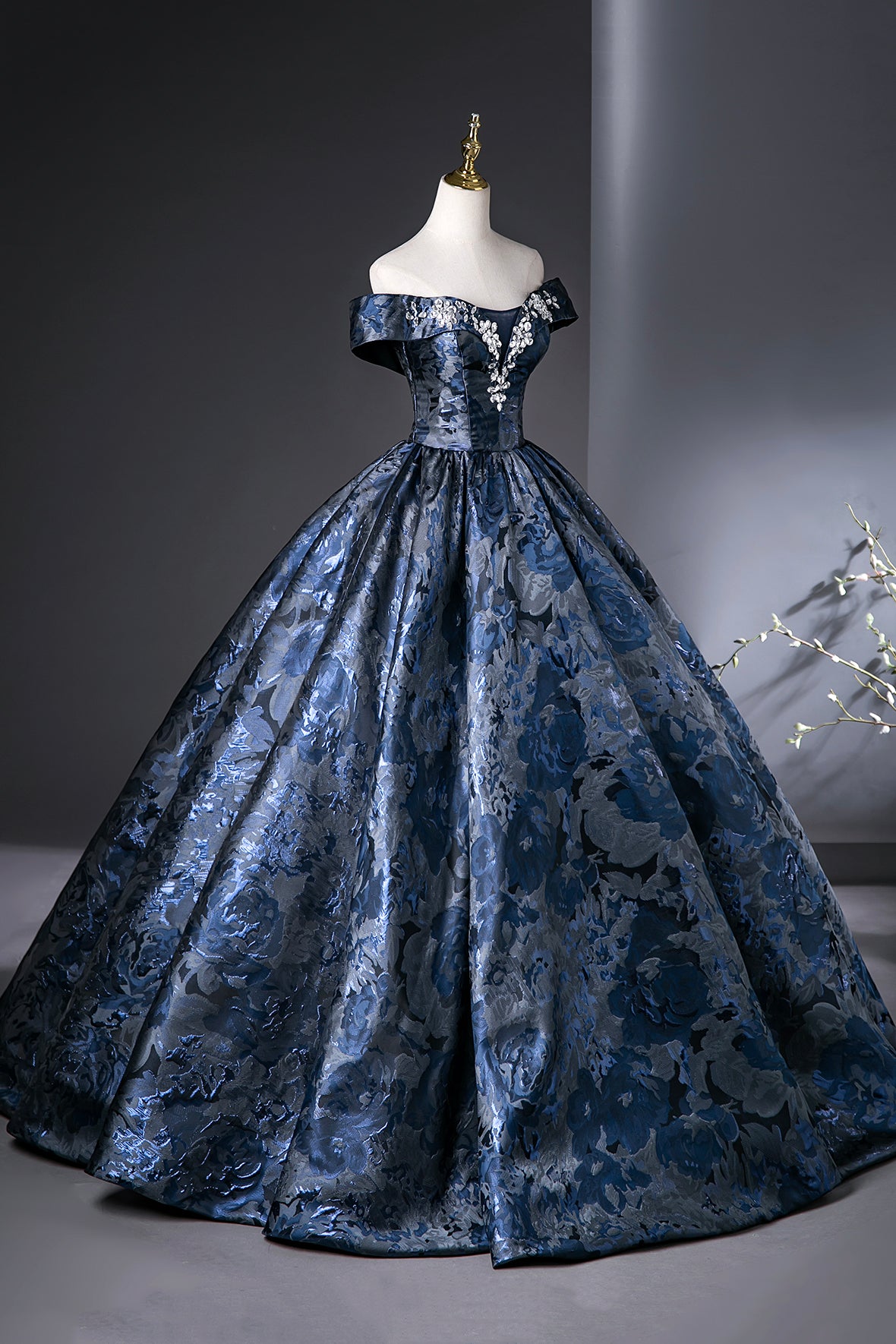Blue Printed Pattern Long Prom Dress, Elegant A-Line Evening Party Dress