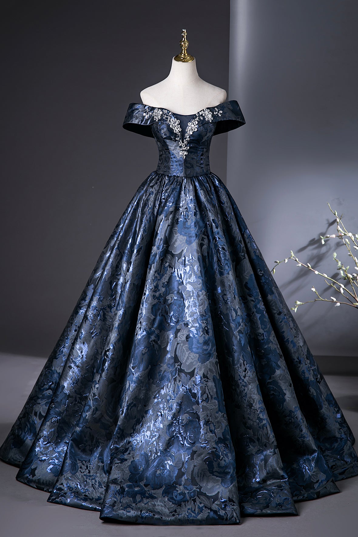 Blue Printed Pattern Long Prom Dress, Elegant A-Line Evening Party Dre Loveydress Blue Printed Pattern Long Prom Dress, Elegant A-Line Evening Party Dre Loveydress
