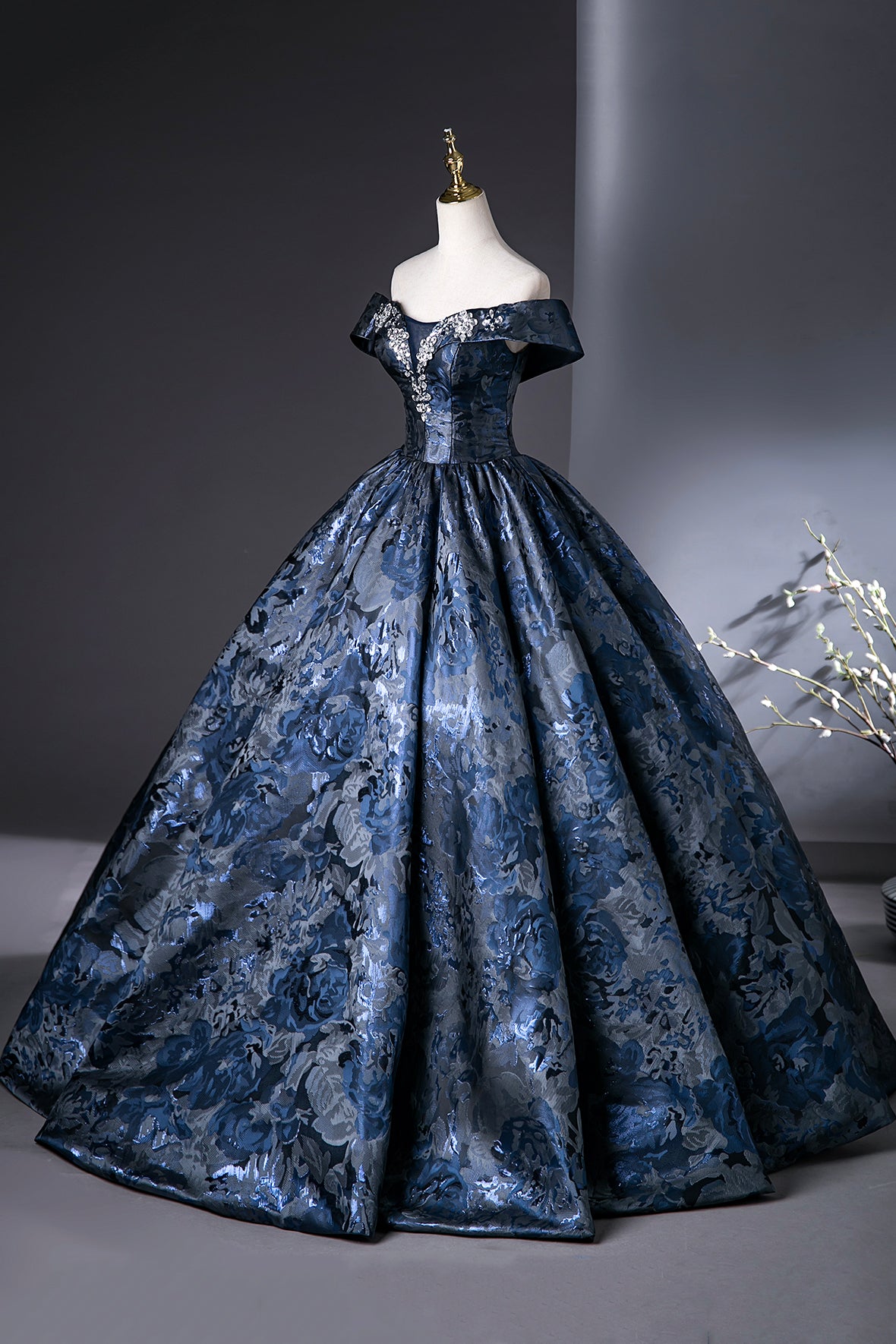 Blue Printed Pattern Long Prom Dress, Elegant A-Line Evening Party Dre – Loveydress