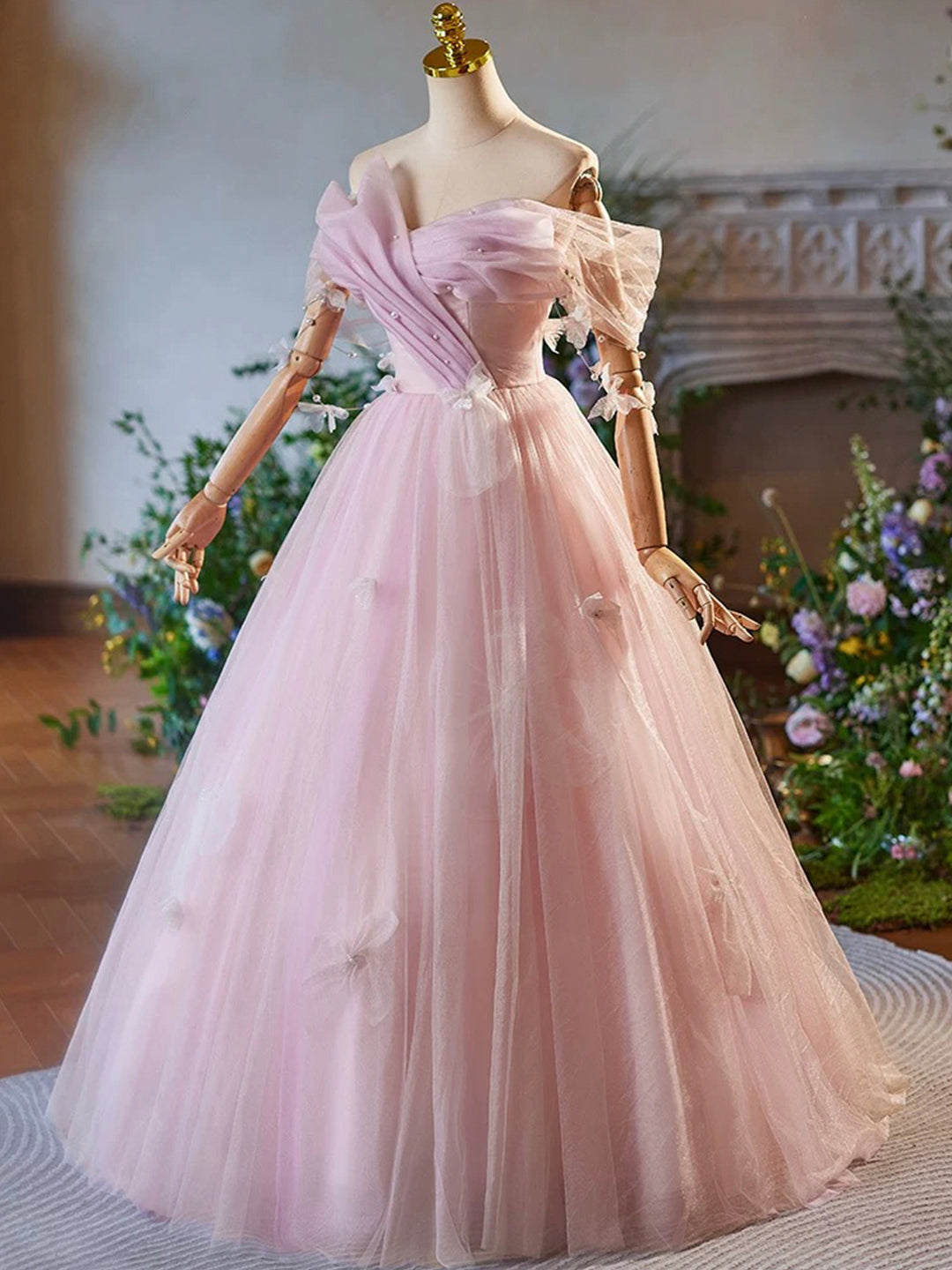 Pink Tulle Floor Length Prom Dress, Beautiful A-Line Off the Shoulder Loveydress Pink Tulle Floor Length Prom Dress, Beautiful A-Line Off the Shoulder Loveydress