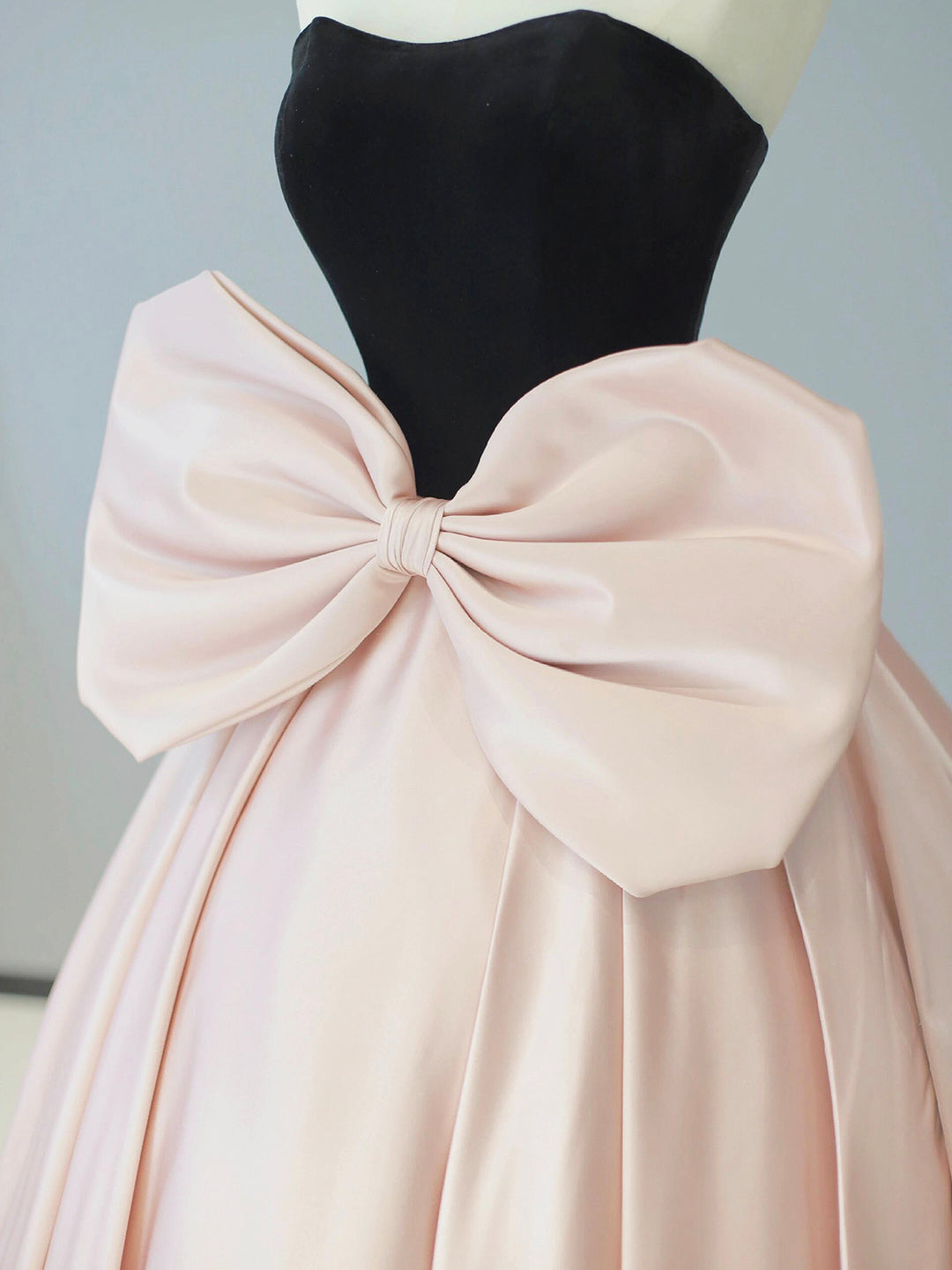 Black Velvet and Pink Satin Long Prom Dress, Beautiful Strapless Party Dress with Bow Custom Size / Pink Black Velvet and Pink Satin Long Prom Dress, Beautiful Strapless Party Dress with Bow Custom Size / Pink