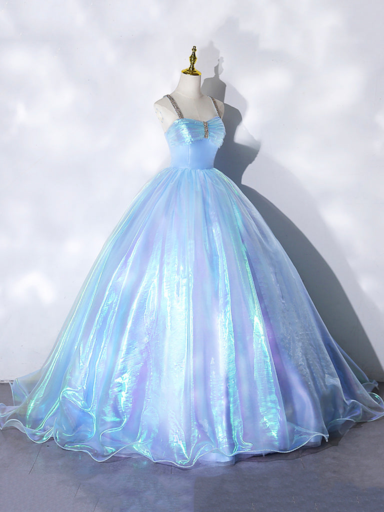 Beautiful Shiny Blue Tulle Long Formal Dress, A-Line Spaghetti Strap S