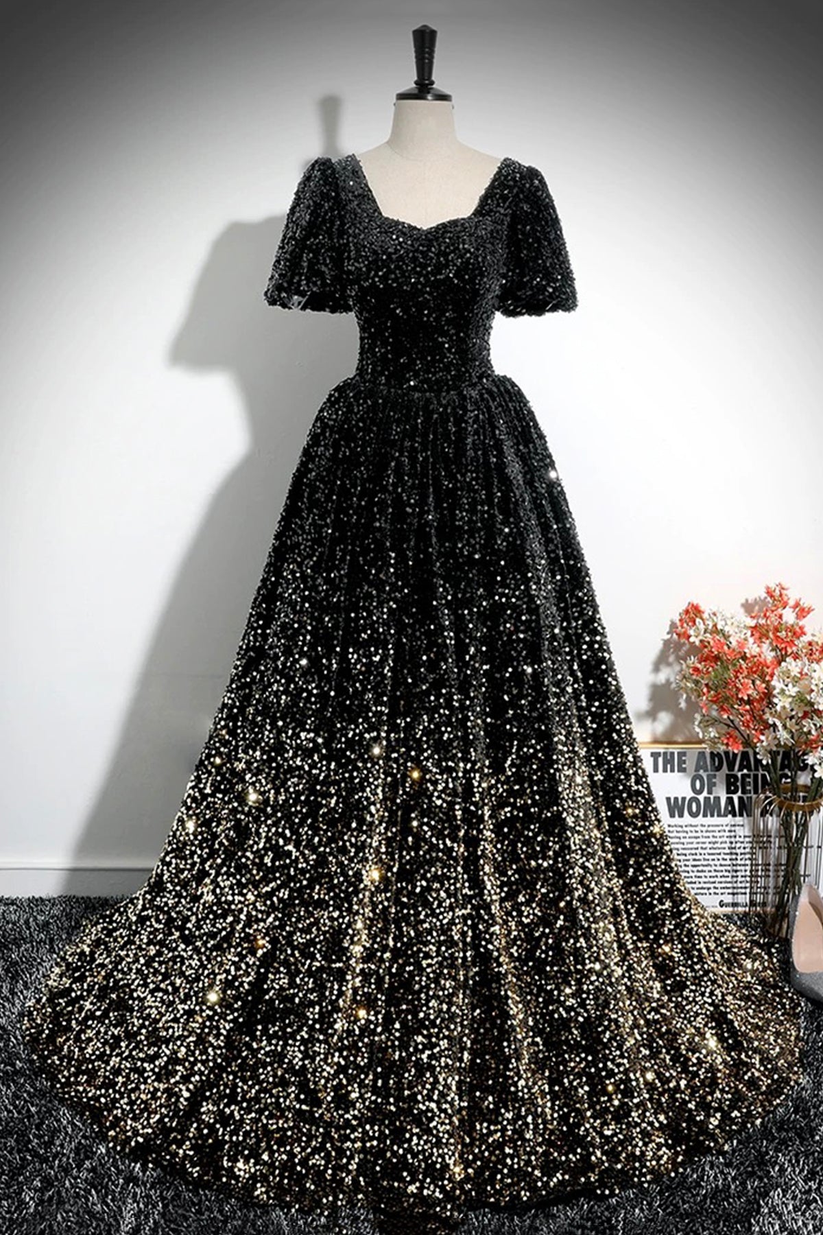 Black Gold Ombre Sequin Ball Gown with Puff Sleeves, Sparkly Floor-Len