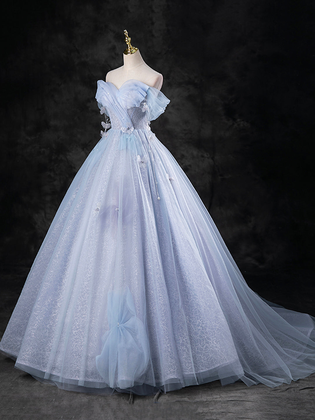 Blue Pearl Tulle Floor Length Prom Dress, A-Line Off the Shoulder Formal Party Dress Custom Size / Custom Color Blue Pearl Tulle Floor Length Prom Dress, A-Line Off the Shoulder Formal Party Dress Custom Size / Custom Color