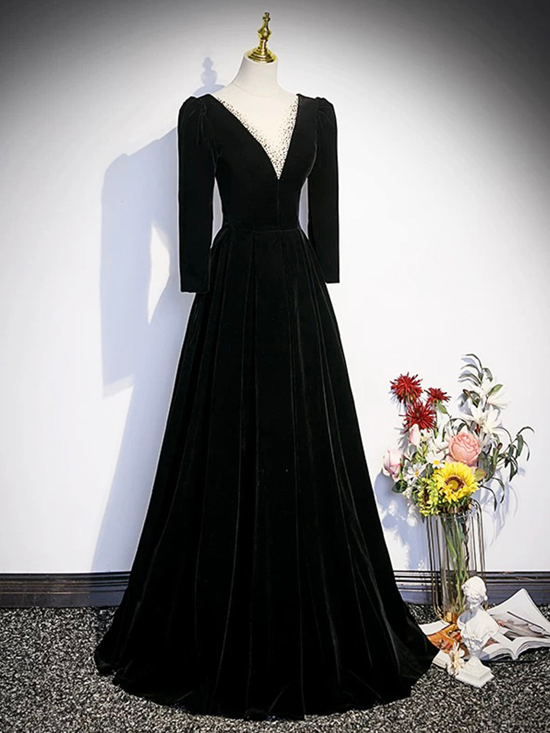 Black Velvet Long Prom Dress, Elegant Long Sleeve A-line Evening Party