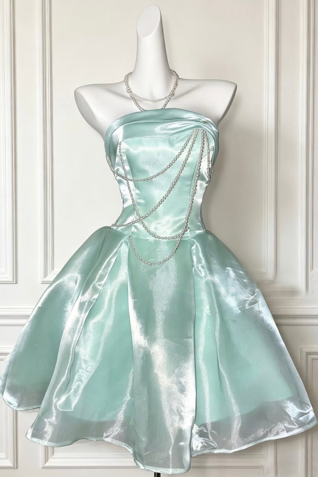 Mint Green Satin Mini Dress | Pearl Chain & Corset Back