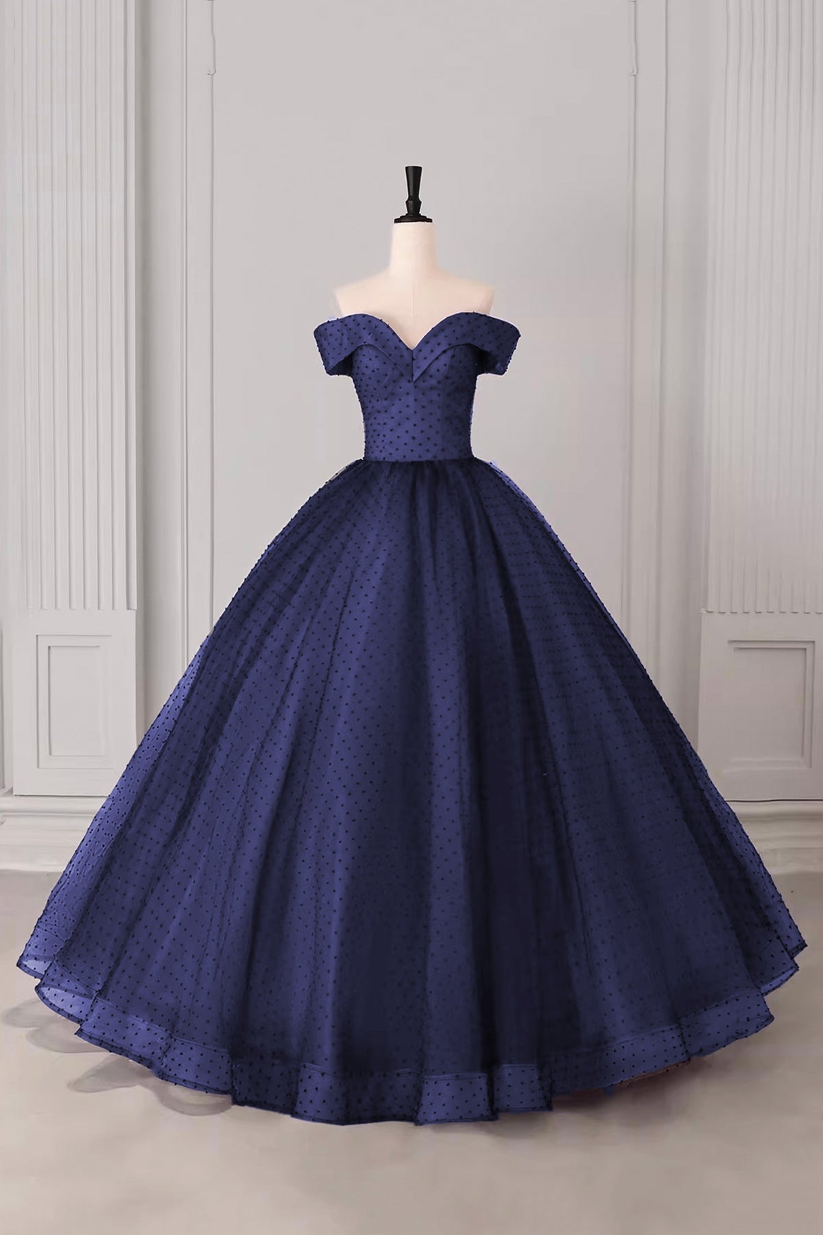 Navy Blue Floor Length Prom Dress with Black Dotted Tulle Overlay Off – Loveydress