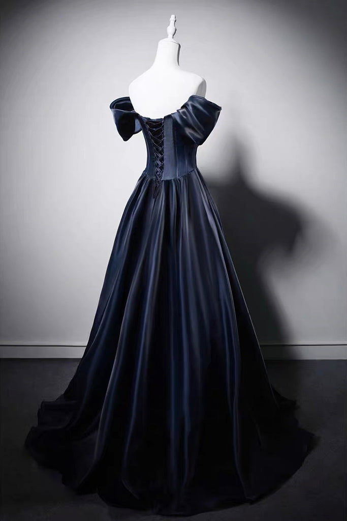 navy blue corset dress Orange A Line Strapless Chiffon Beaded Corset Long Prom Dress With Slit, Navy Blue / 16