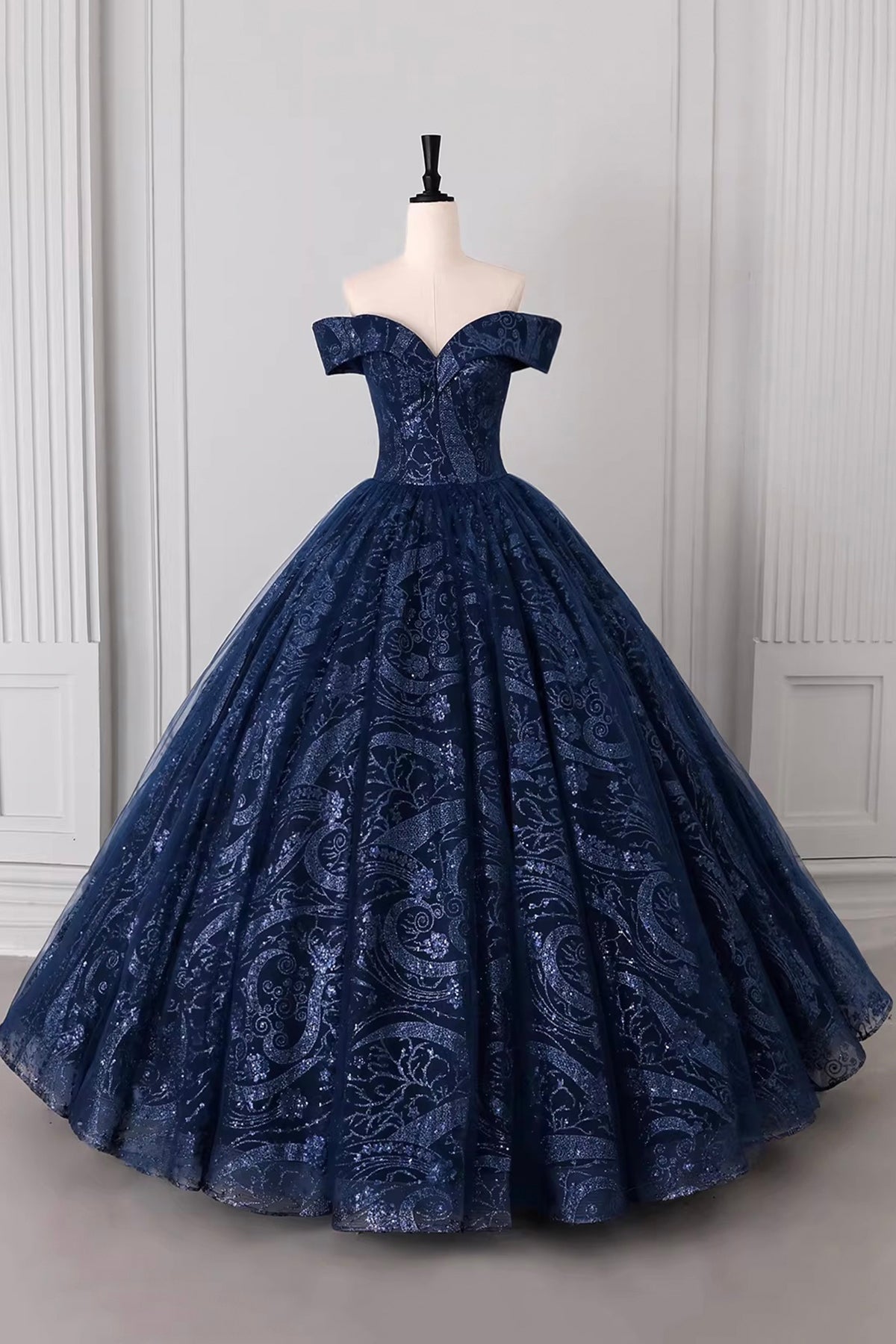 Navy Blue Off-the-Shoulder Ball Gown with Glitter Floral Embroidery