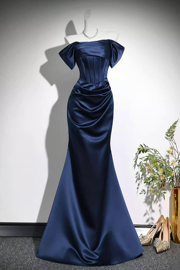 Navy Blue Satin Off-the-Shoulder Mermaid Evening Gown with Corset Bodi – Loveydress