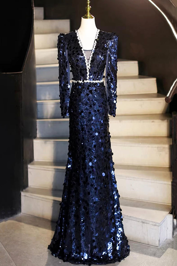 Navy Blue Sequin Mermaid Evening Gown Long Sleeve V Neck Formal Dress – Loveydress