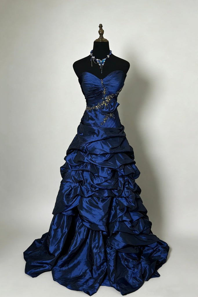 Navy Blue Strapless Prom Dress | Ruffled Beaded Evening Gown – Loveydress