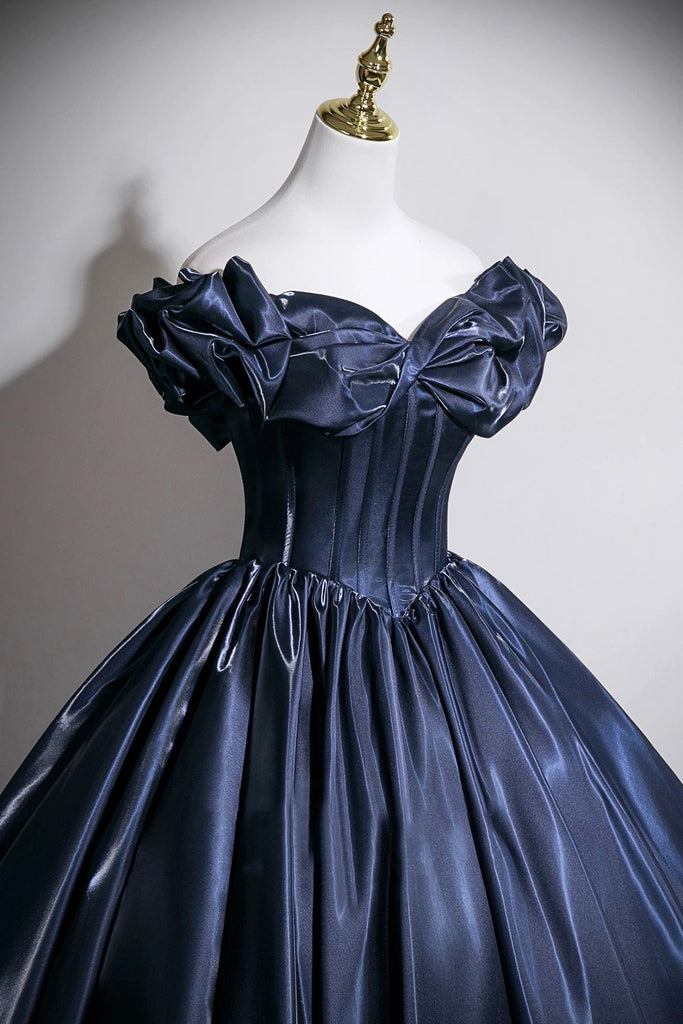 Navy Satin Long Prom Dress A-Line Off the Shoulder Evening Party Dress ...