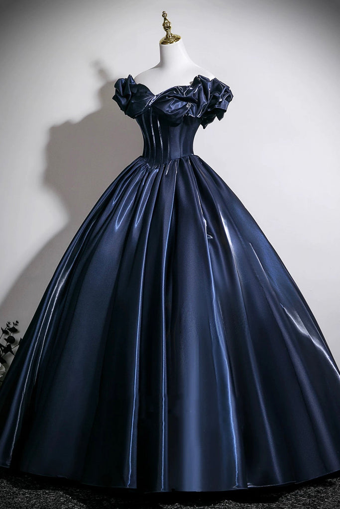 Navy Satin Long Prom Dress A-Line Off the Shoulder Evening Party Dress ...