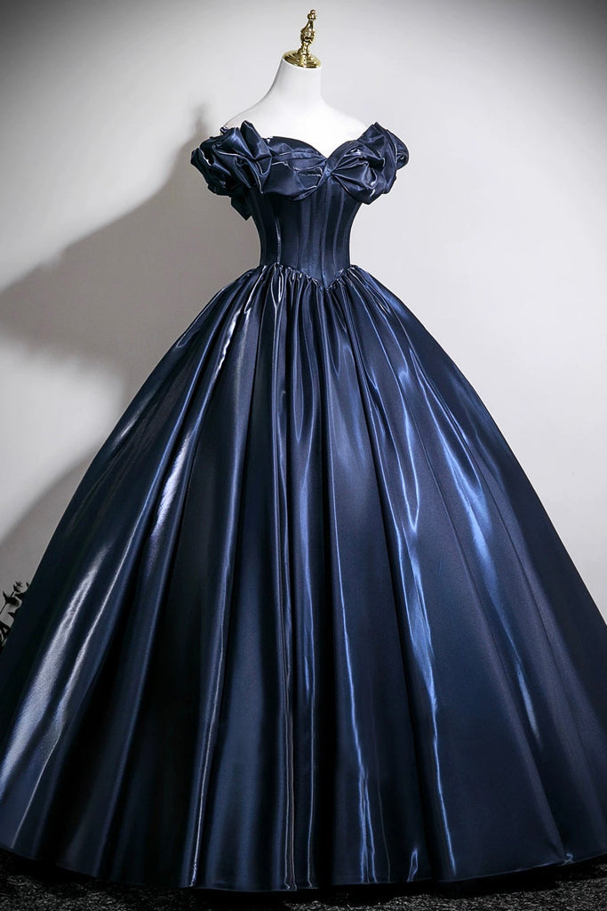 Navy Satin Long Prom Dress A-Line Off the Shoulder Evening Party Dress ...