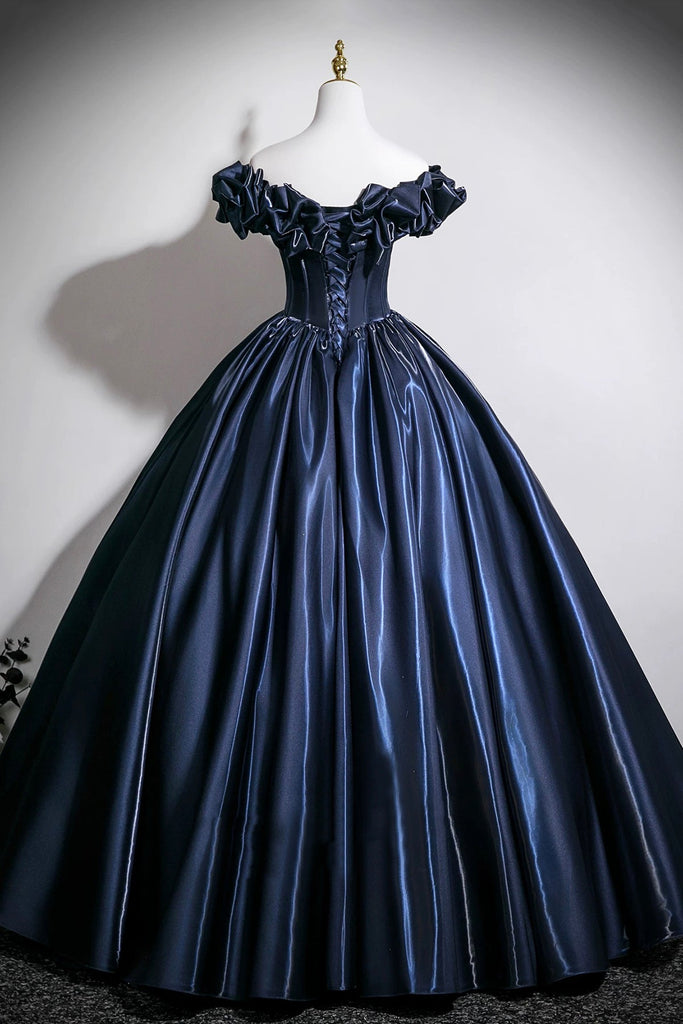 Navy Satin Long Prom Dress A-Line Off the Shoulder Evening Party Dress ...