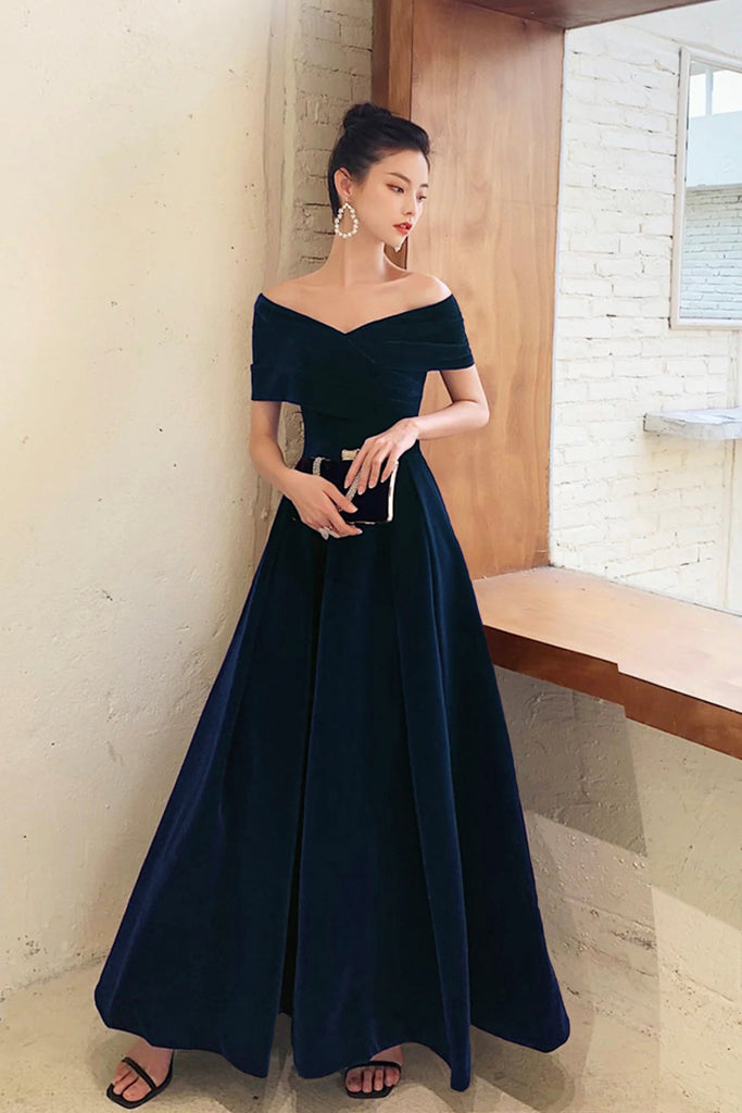 Navy Velvet Long Prom Dress, A-Line Off the Shoulder Party Dress ...
