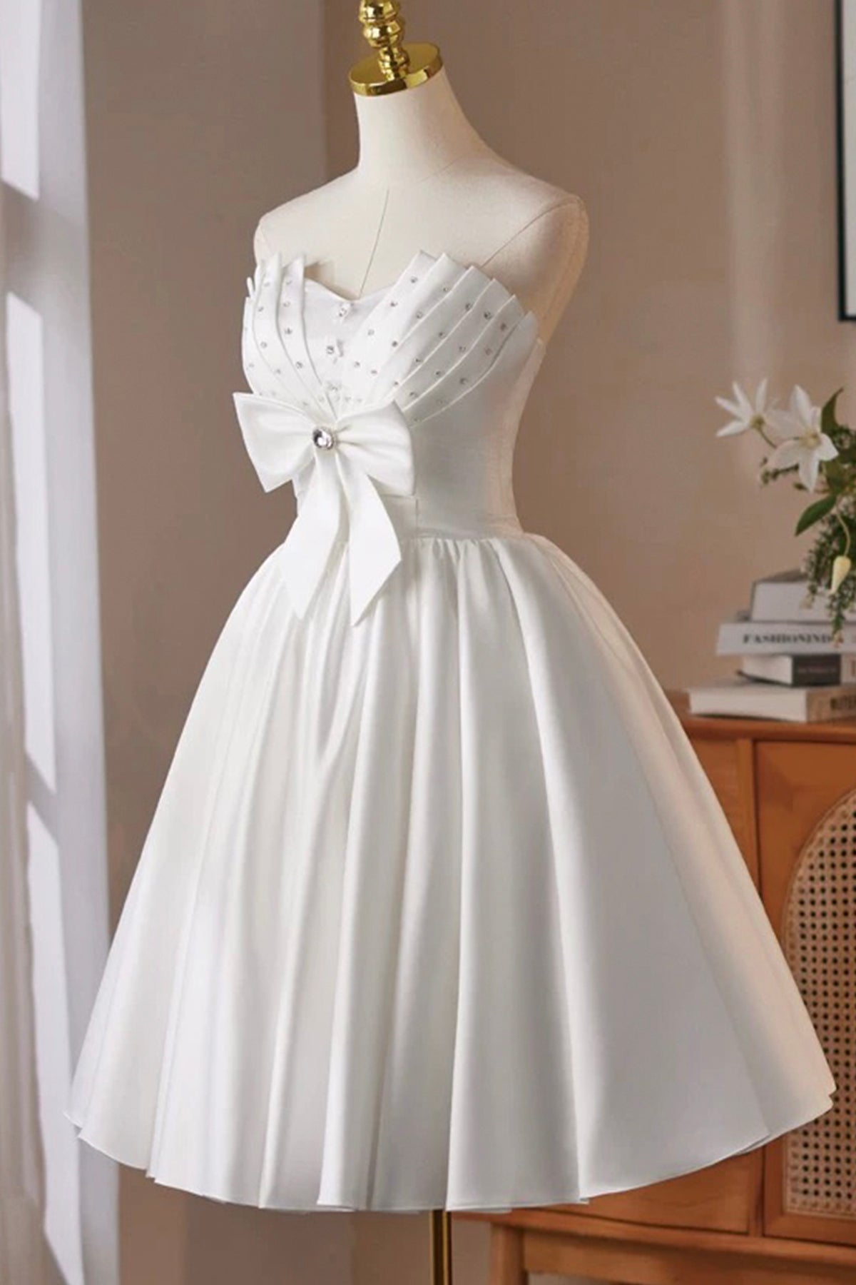 White Satin Short Prom Dress, Lovely A-Line Strapless Party Dress with
