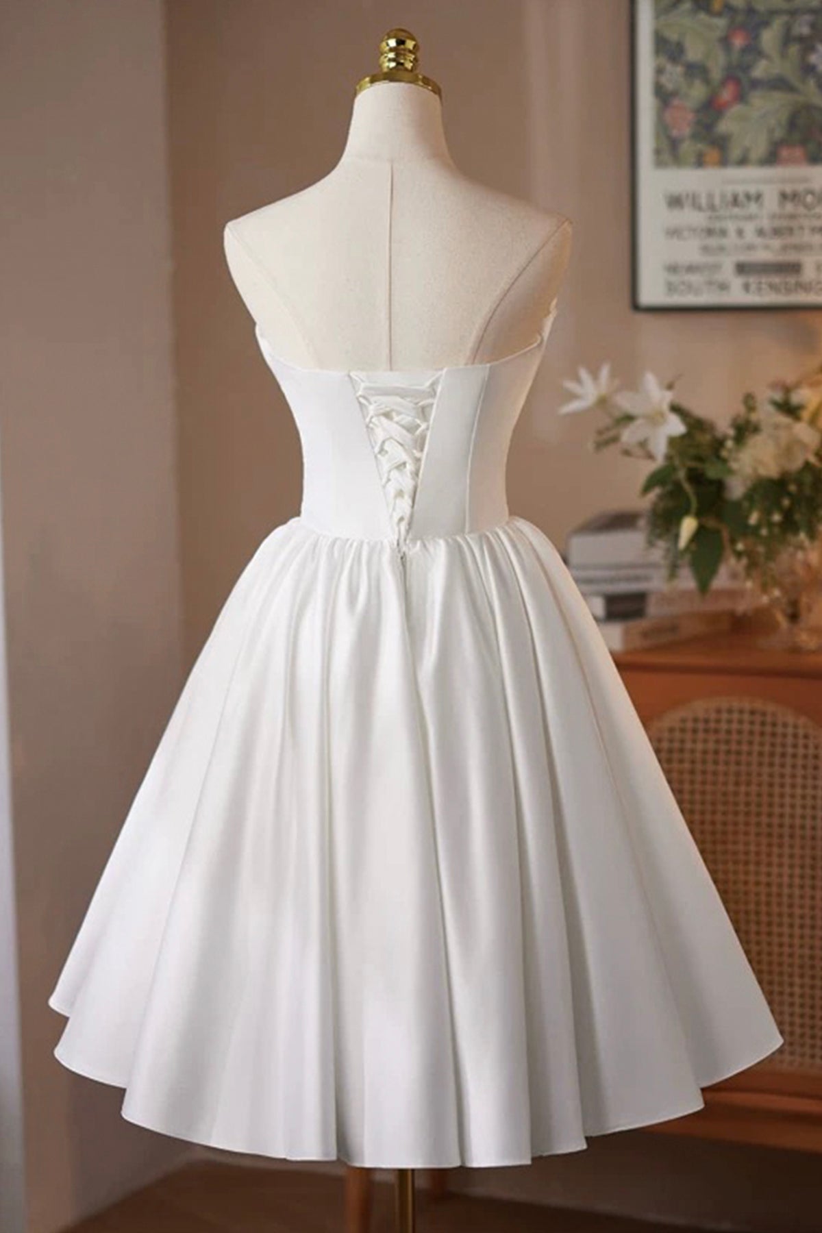 White Satin Short Prom Dress, Lovely A-Line Strapless Party Dress with