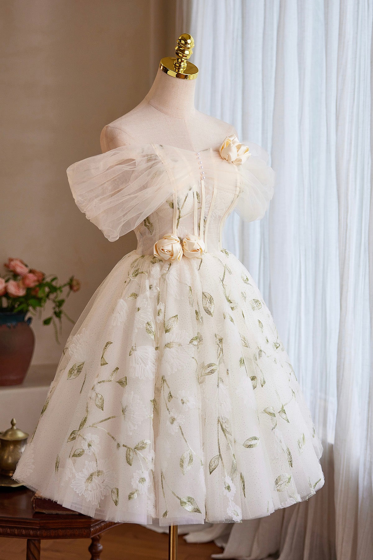 Champagne Tulle Floral Short Prom Dress, Beautiful A-Line Evening Party Dress US 6 / Custom Color Champagne Tulle Floral Short Prom Dress, Beautiful A-Line Evening Party Dress US 6 / Custom Color