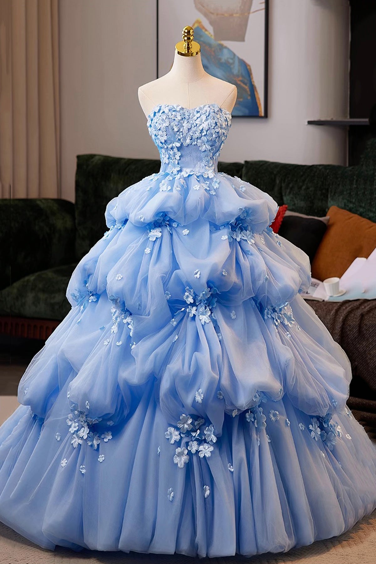 Blue Tulle Flowers Long Prom Dress, Blue Strapless A-line Evening Party Dress US 8 / Custom Color Blue Tulle Flowers Long Prom Dress, Blue Strapless A-line Evening Party Dress US 8 / Custom Color