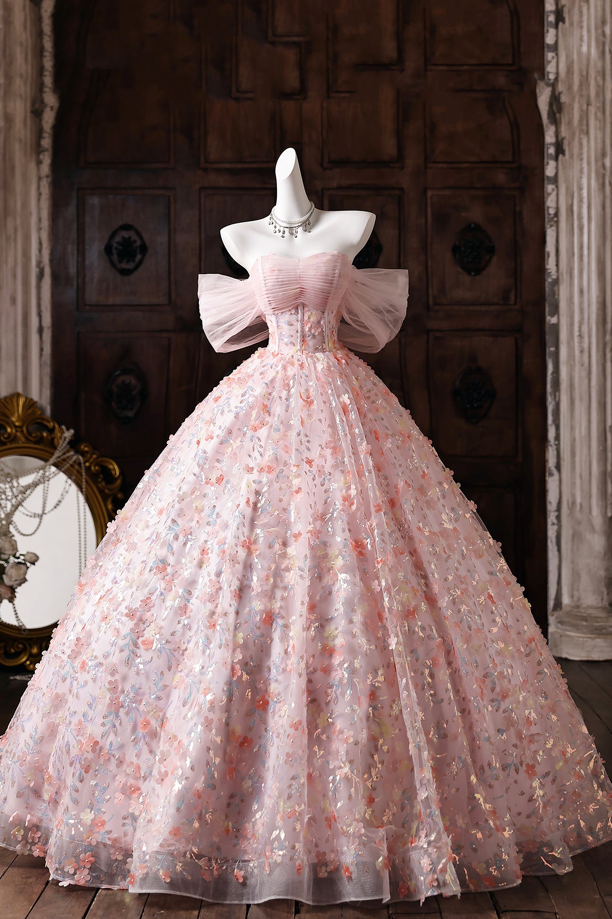 Pink Floral Embroidered Off-Shoulder Ball Gown Prom Dress – Loveydress