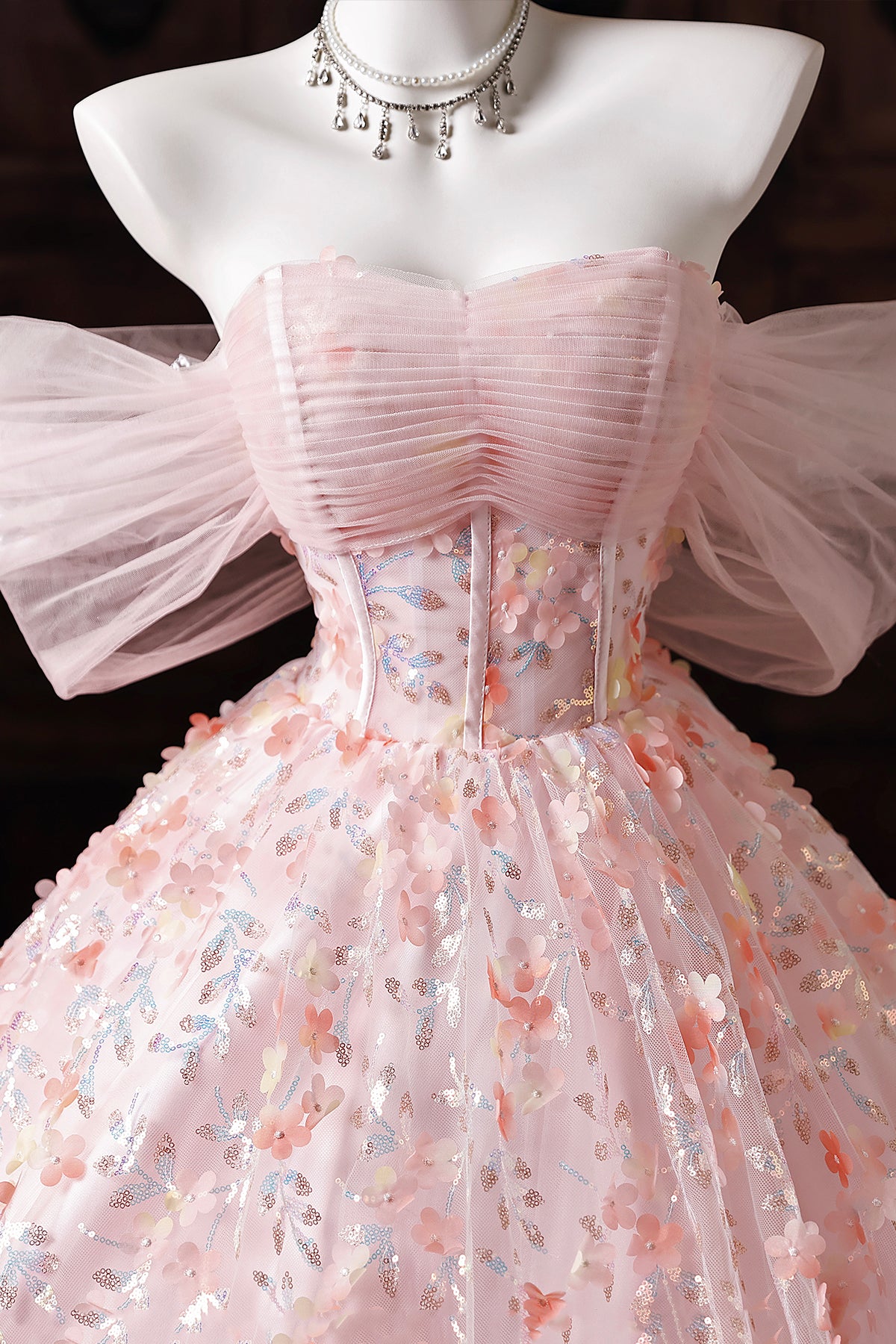 Pink Floral Embroidered Off-Shoulder Ball Gown Prom Dress Loveydress Pink Floral Embroidered Off-Shoulder Ball Gown Prom Dress Loveydress