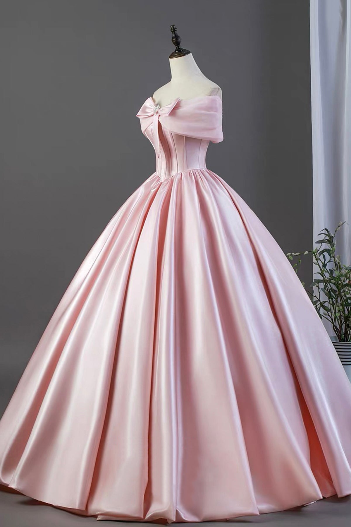 Pink Rust Gown Pink Off-Shoulder Satin Ball Gown with Bow Detail and Corset Back ...