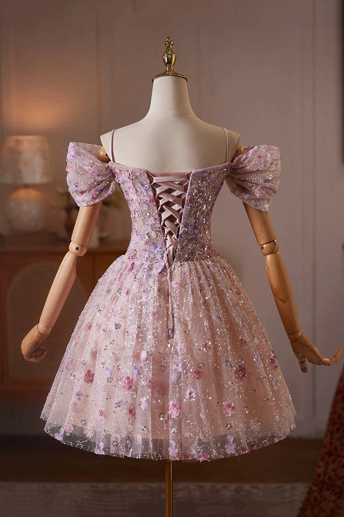 Pink Off Shoulder Short Tulle Homecoming Dress with 3D Flowers – Loveydress