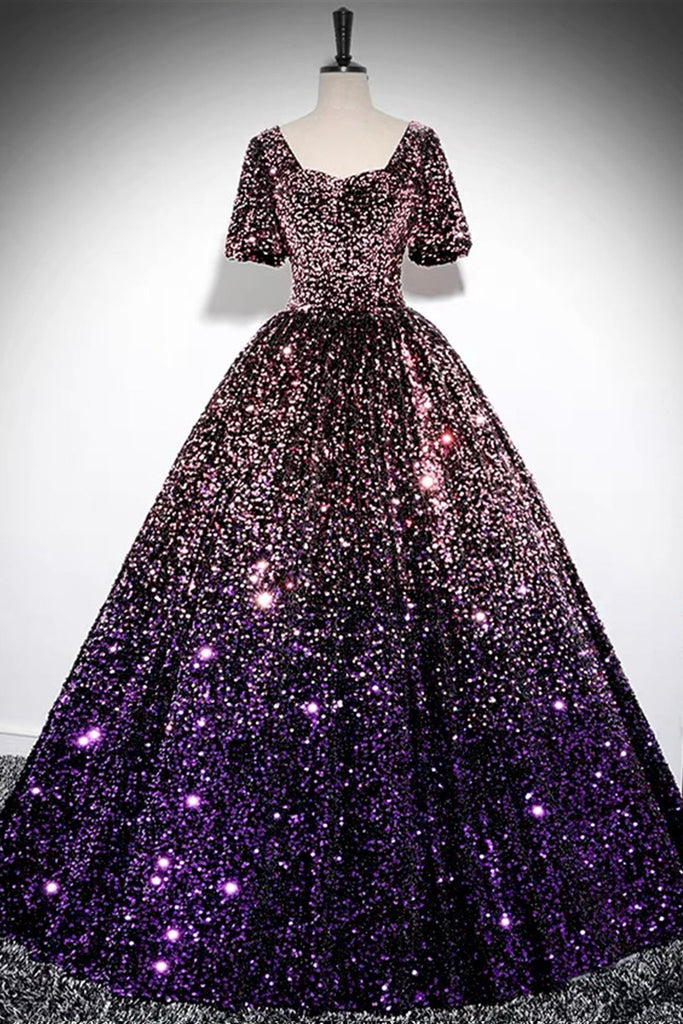 pink purple ombre dress Sequin Ball Gown with Puff Sleeves, Sparkly Floor-Length Prom Unique Boho Wedding Dresses stretch satin Aqua Green Chiffon Maxi Dress Color:Taupe*