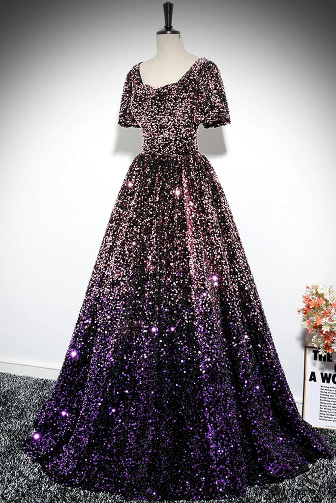 Pink Purple Ombre Sequin Ball Gown with Puff Sleeves, Sparkly Floor-Length Prom Dress