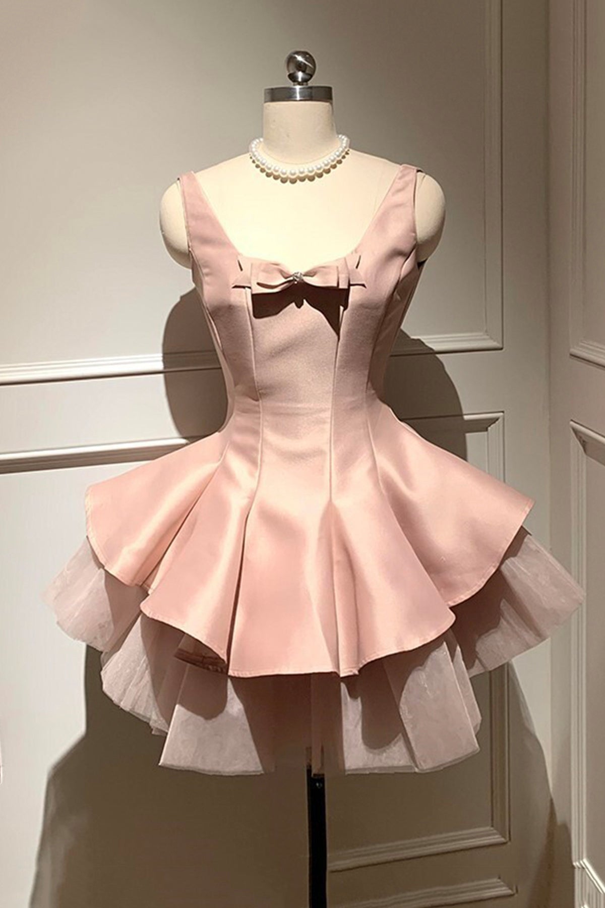 Pink Satin Bow Detail Mini Party Dress with Tulle Ruffle Hem