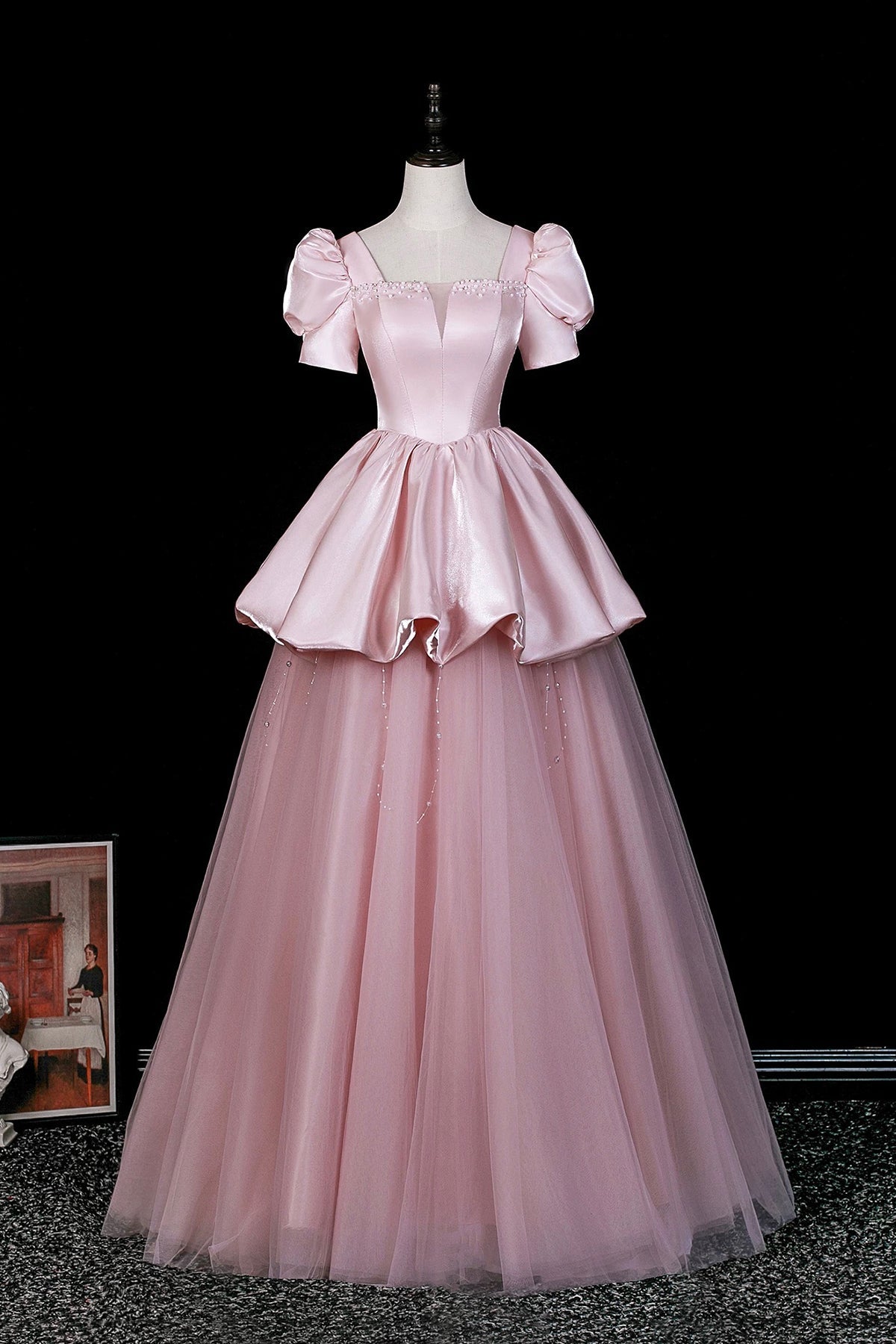 pink puff sleeve prom dress Short Pink Tulle Puffy Sleeve Party Dress  Lisposa